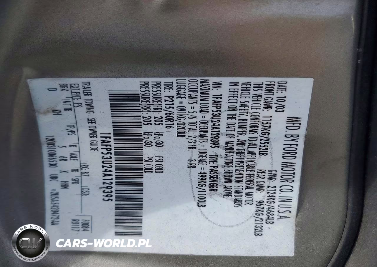 2004 Ford Taurus Se VIN:1FAFP53U24A129395 - 12