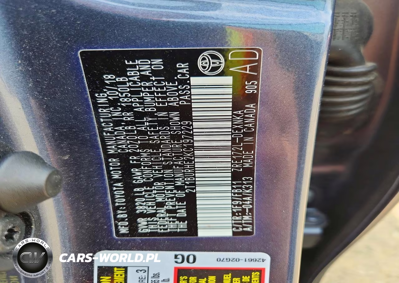 2019 Toyota Corolla Le VIN:2T1BURHE2KC197229 - 12