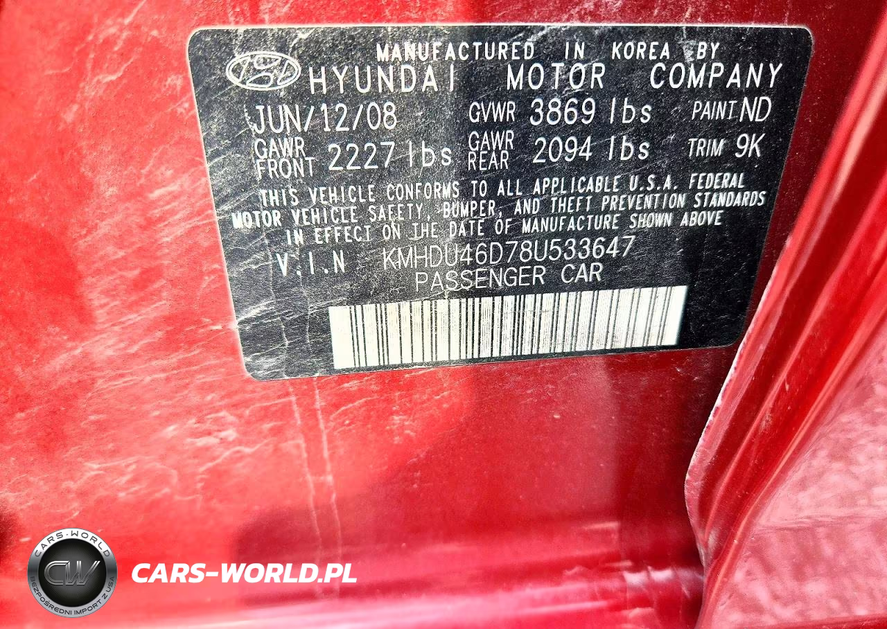 2008 Hyundai Elantra Gls VIN:KMHDU46D78U533647 - 12