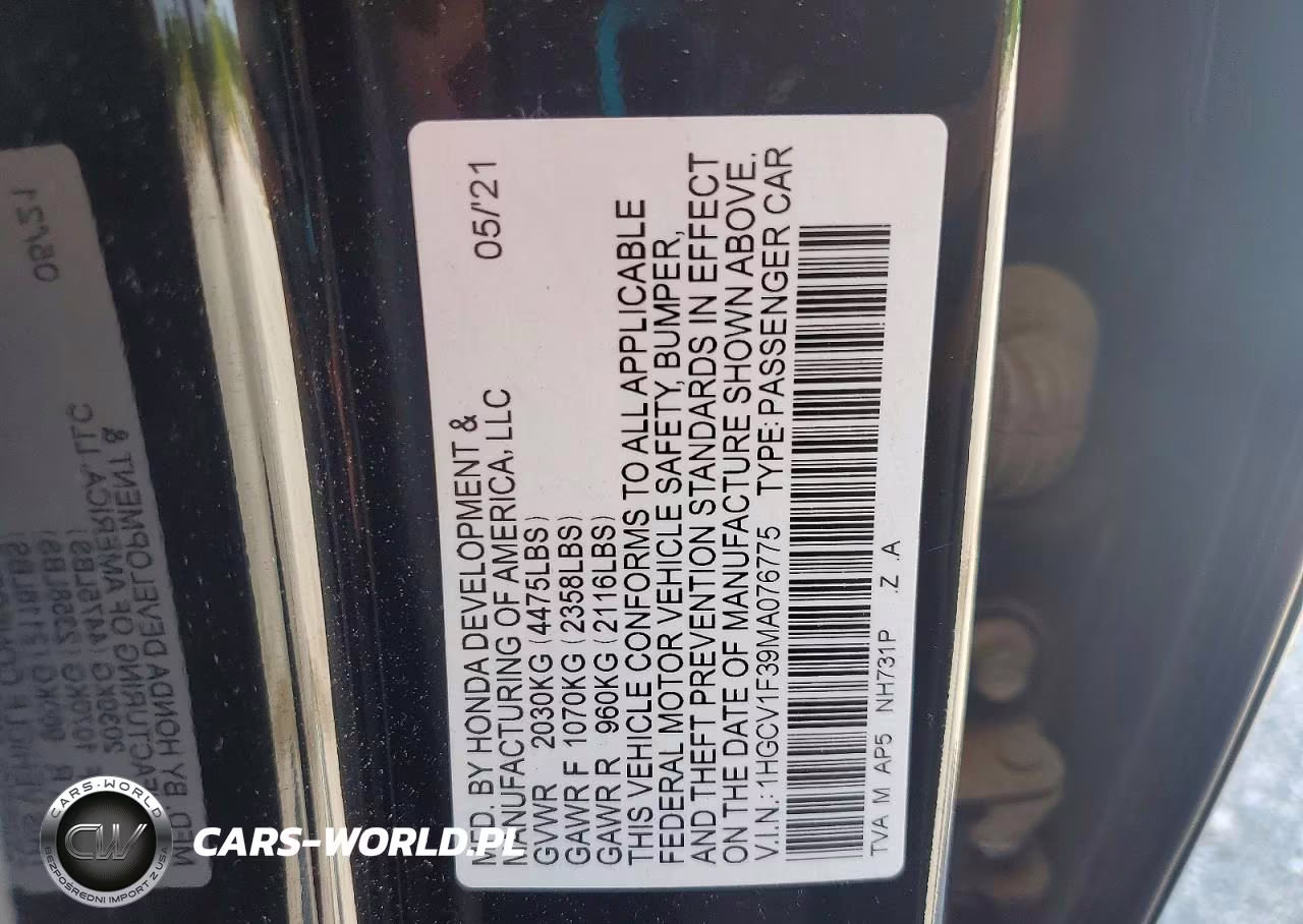 2021 Honda Accord Sport VIN:1HGCV1F39MA076775 - 12