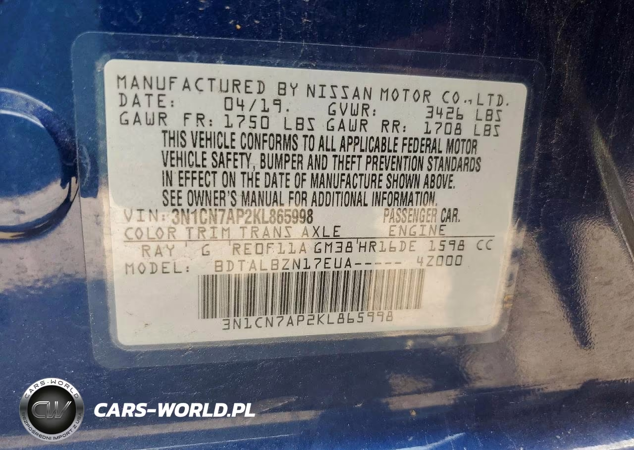 2019 Nissan Versa Sv VIN:3N1CN7AP2KL865998 - 13