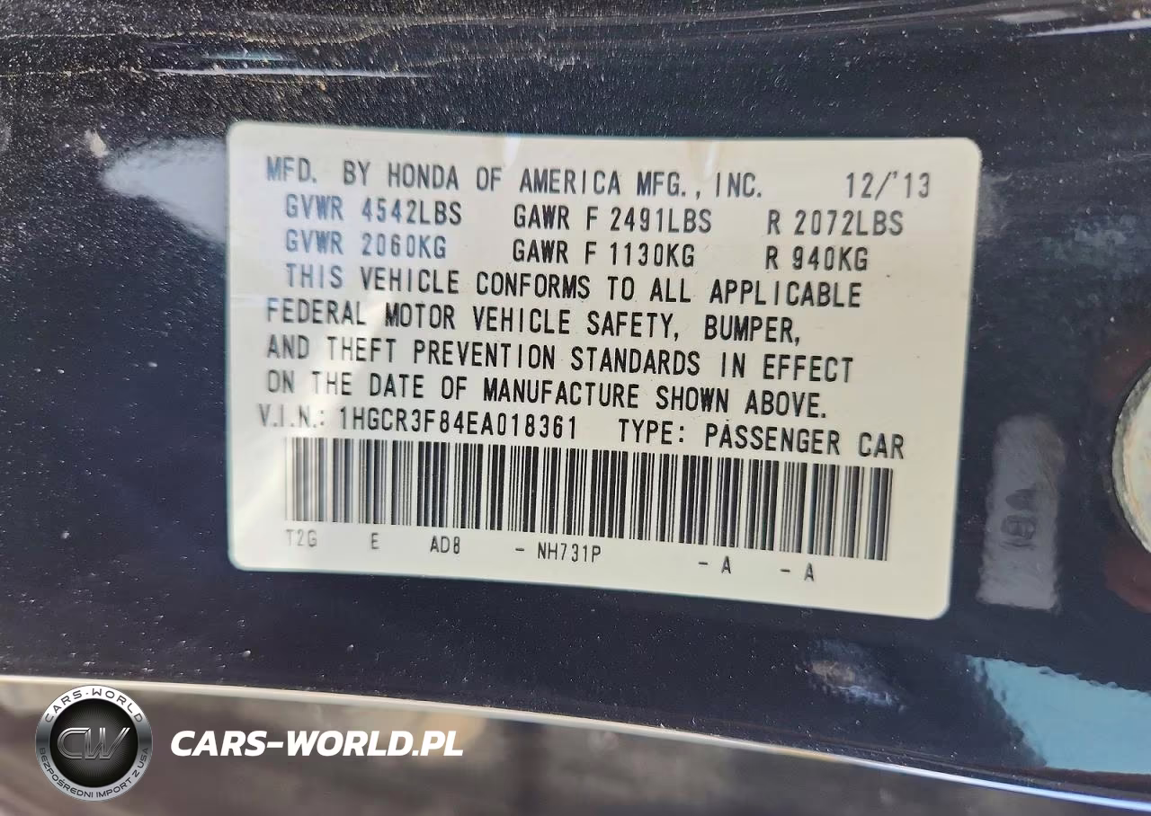 2014 Honda Accord Exl VIN:1HGCR3F84EA018361 - 12