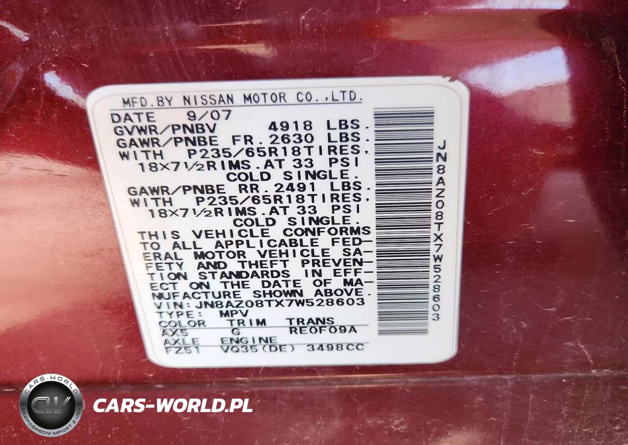 2007 Nissan Murano S VIN:JN8AZ08TX7W528603 - 13