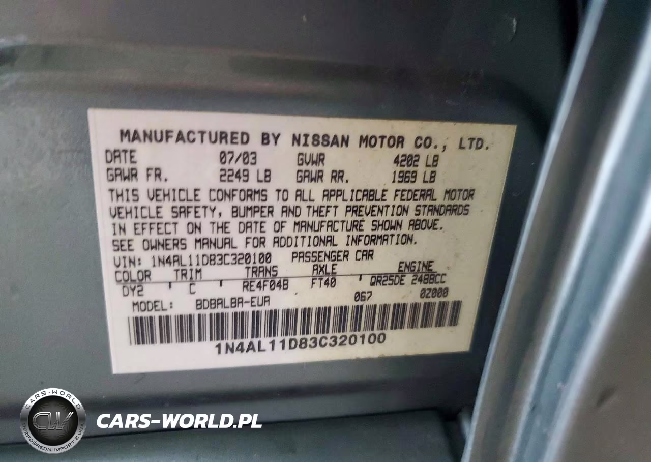 2003 Nissan Altima 2.5 VIN:1N4AL11D83C320100 - 13