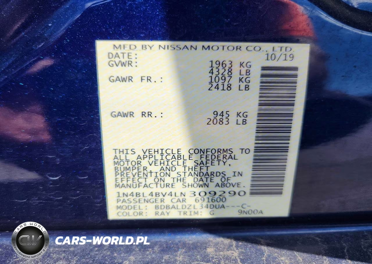 2020 Nissan Altima S VIN:1N4BL4BV4LN309290 - 12
