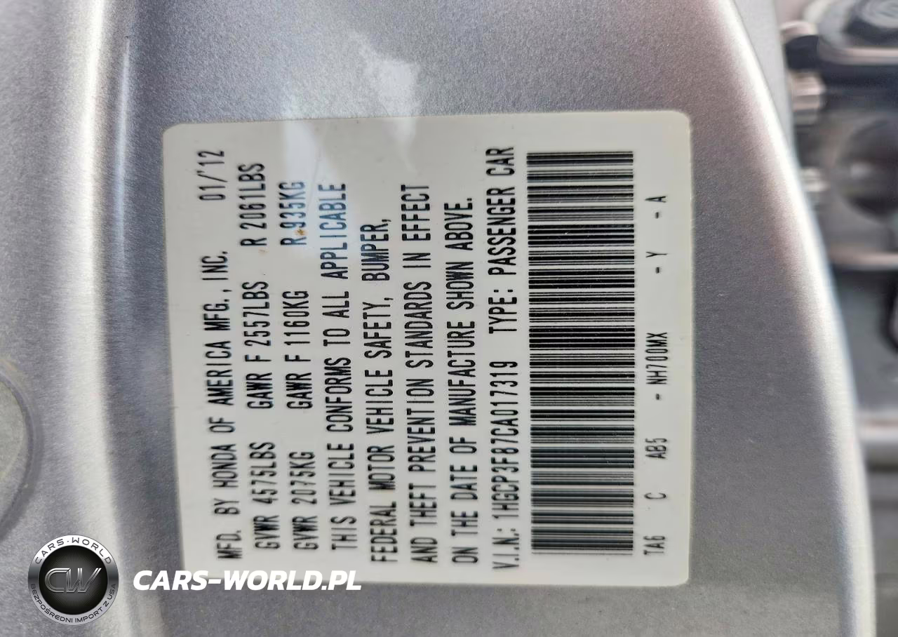 2012 Honda Accord Exl VIN:1HGCP3F87CA017319 - 12
