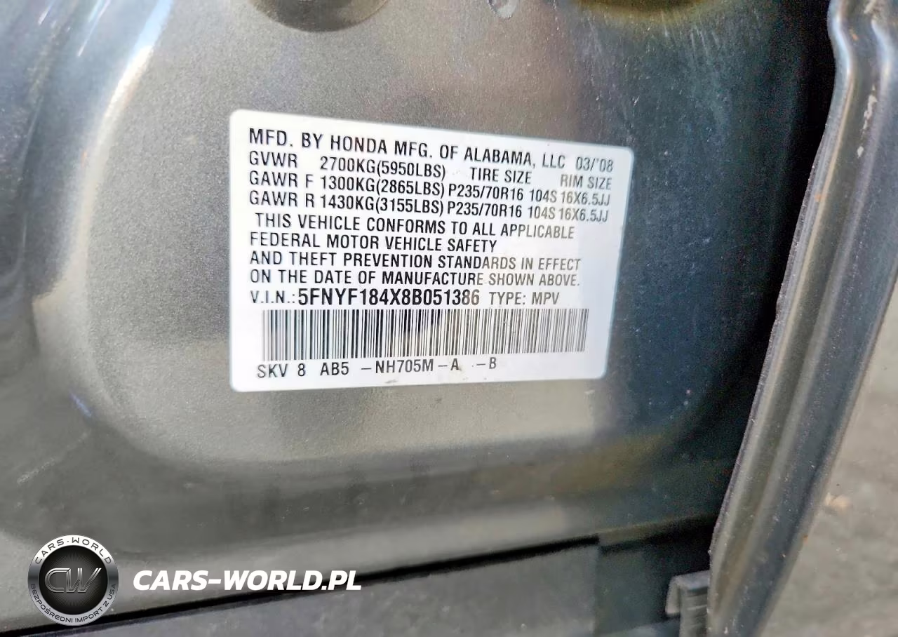 2008 Honda Pilot Ex VIN:5FNYF184X8B051386 - 13