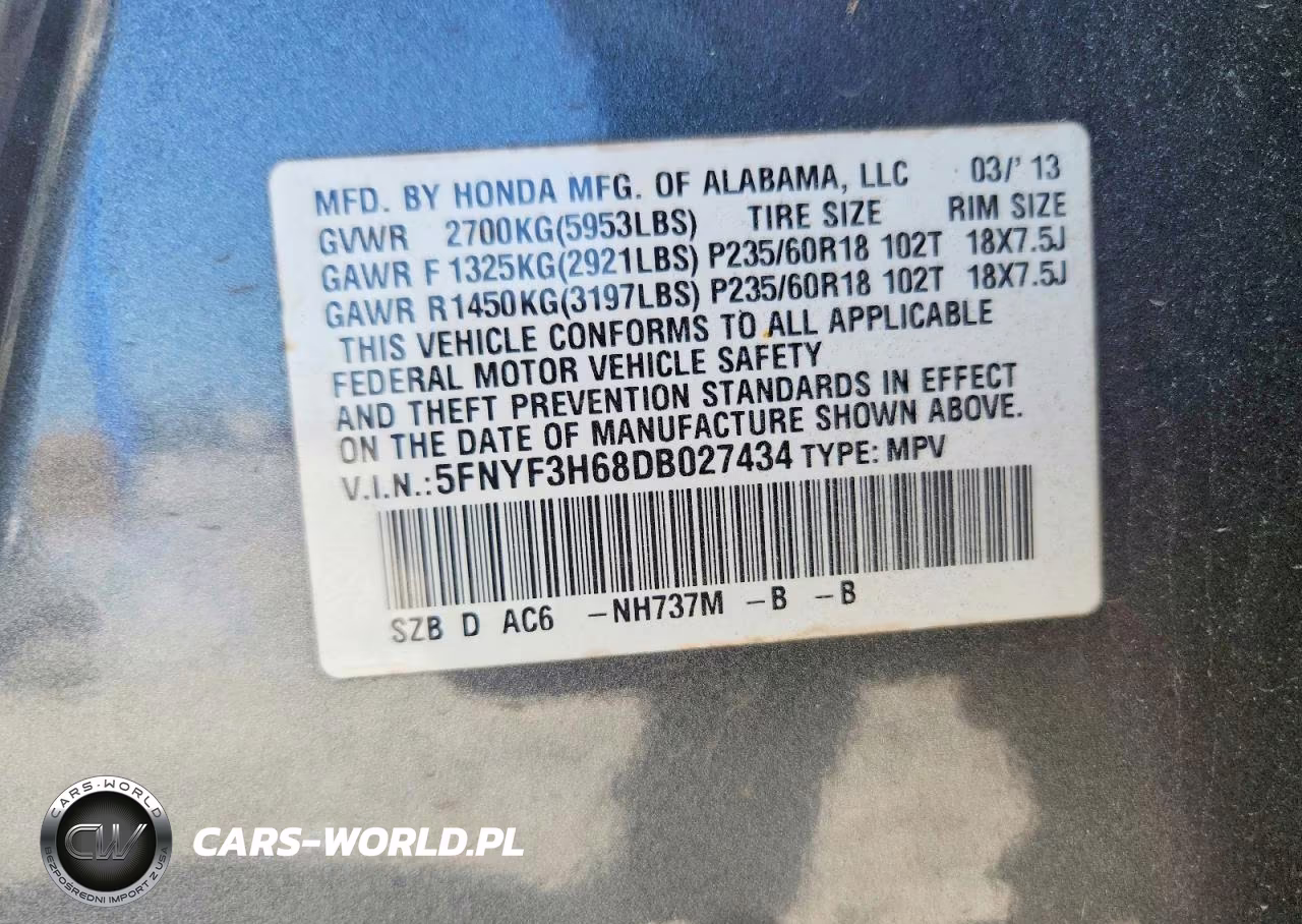 2013 Honda Pilot Exl VIN:5FNYF3H68DB027434 - 14