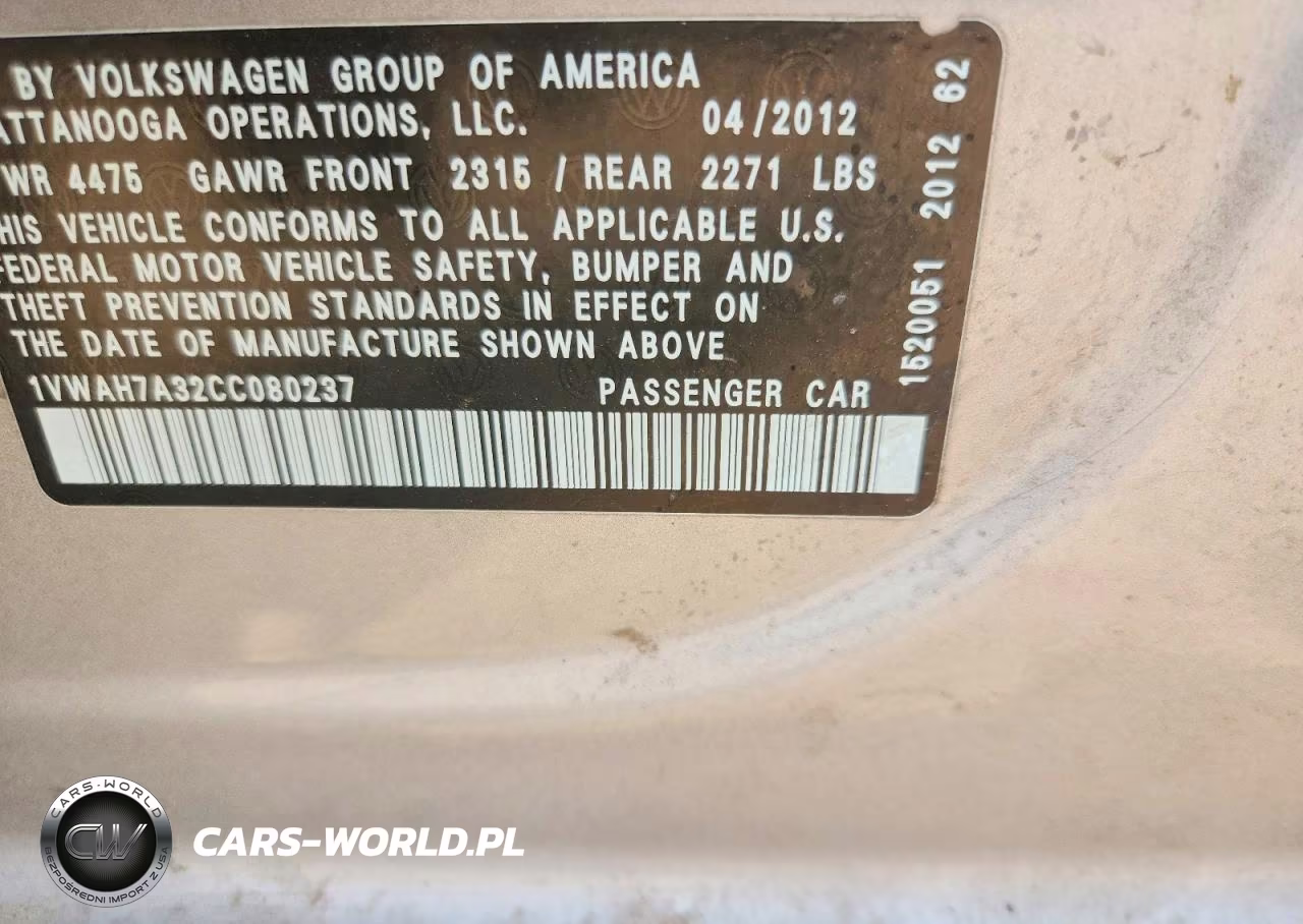 2012 Volkswagen Passat S VIN:1VWAH7A32CC080237 - 12