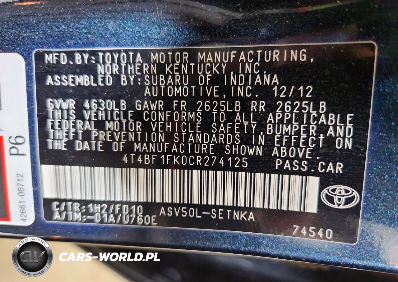 2012 Toyota Camry Le VIN:4T4BF1FK0CR274125 - 12