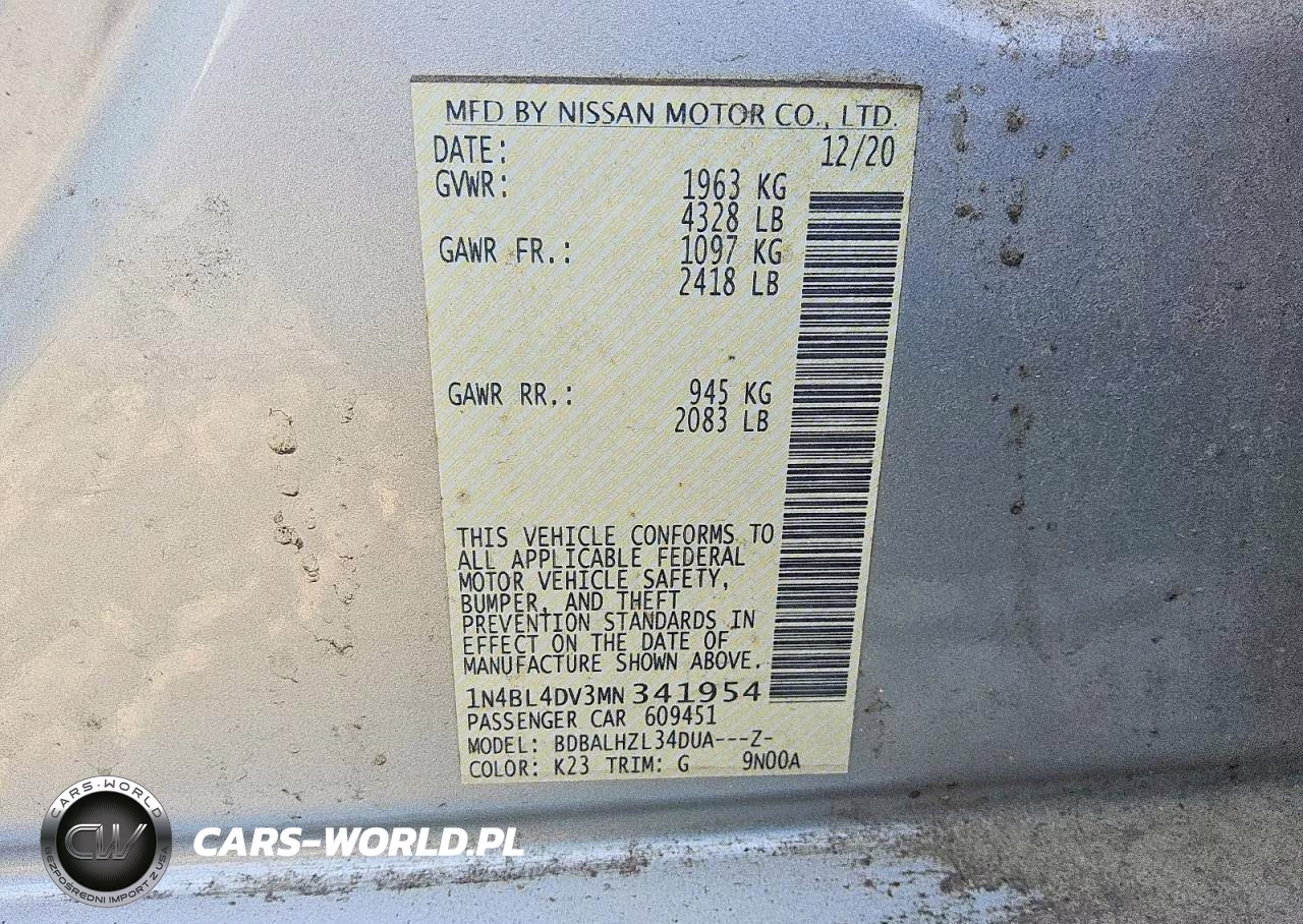 2021 Nissan Altima Sv VIN:1N4BL4DV3MN341954 - 12