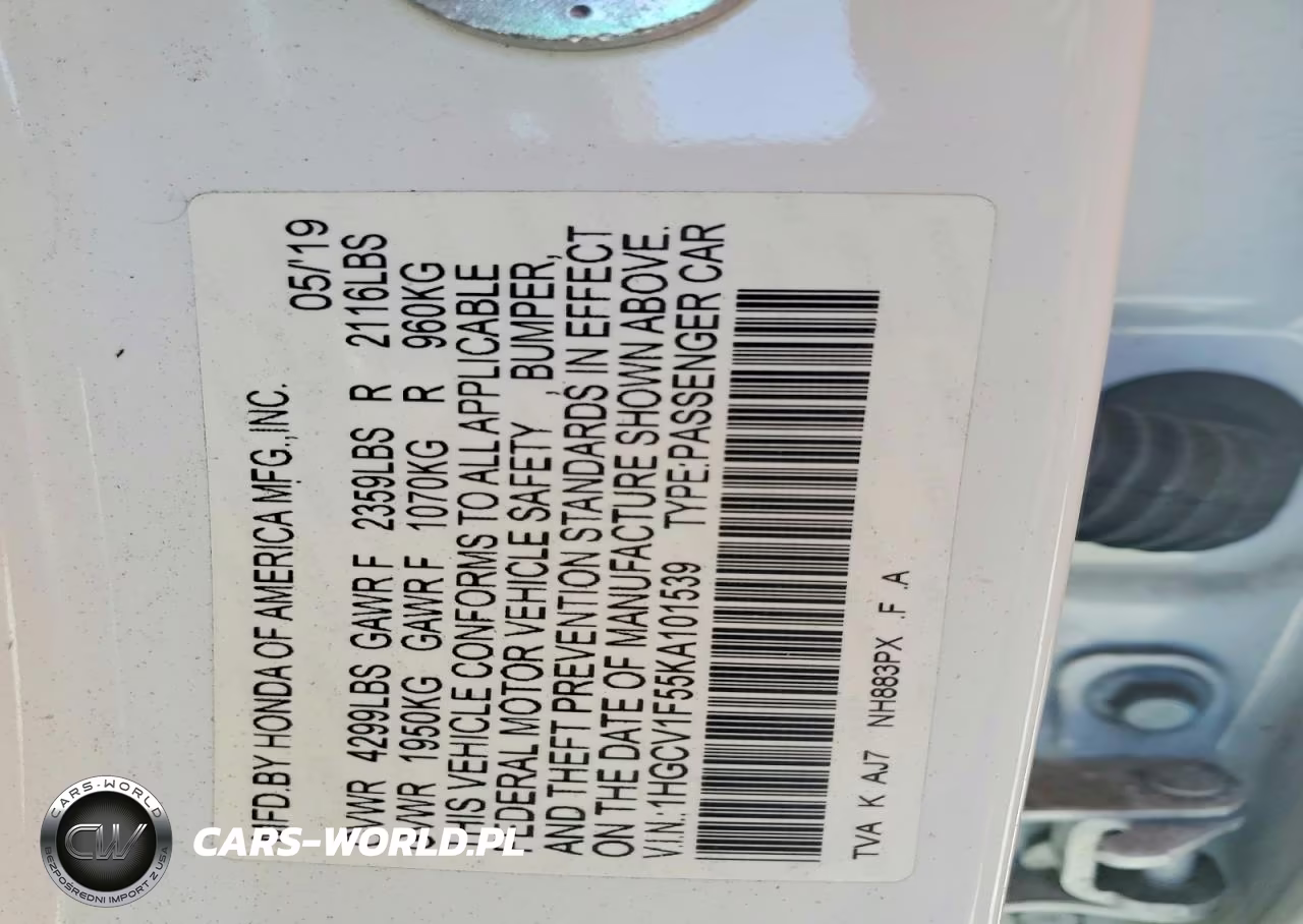 2019 Honda Accord Exl VIN:1HGCV1F55KA101539 - 12