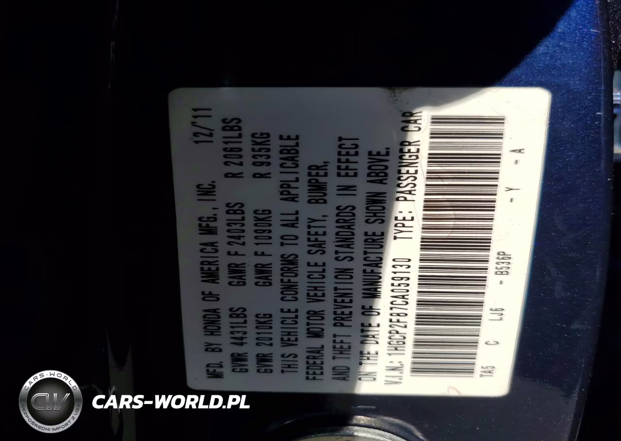 2012 Honda Accord Exl VIN:1HGCP2F87CA059130 - 12
