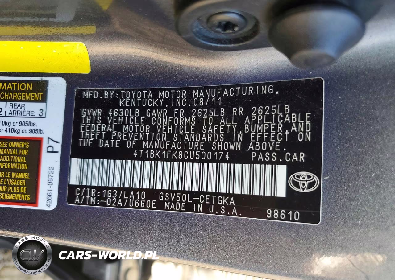 2012 Toyota Camry Xle V6 VIN:4T1BK1FK8CU500174 - 13