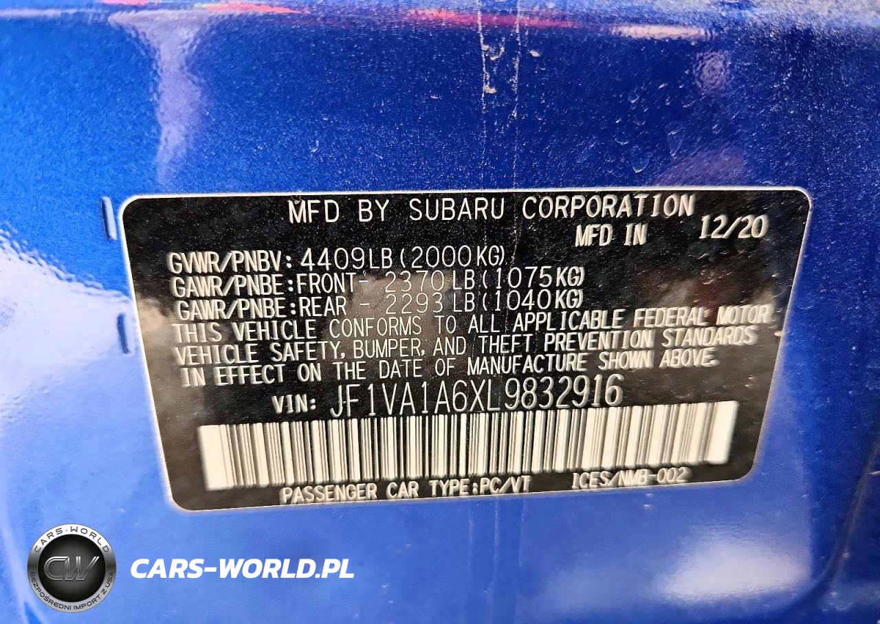 2020 Subaru Wrx VIN:JF1VA1A6XL9832916 - 12