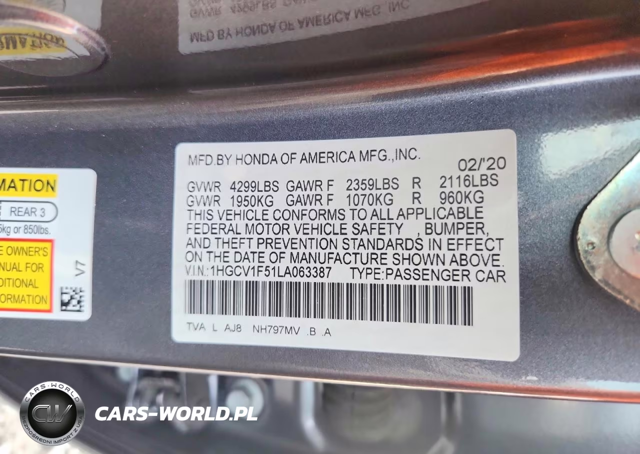 2020 Honda Accord Exl VIN:1HGCV1F51LA063387 - 12
