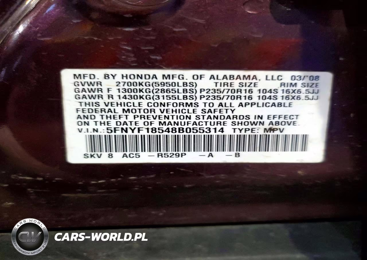 2008 Honda Pilot Exl VIN:5FNYF18548B055314 - 13