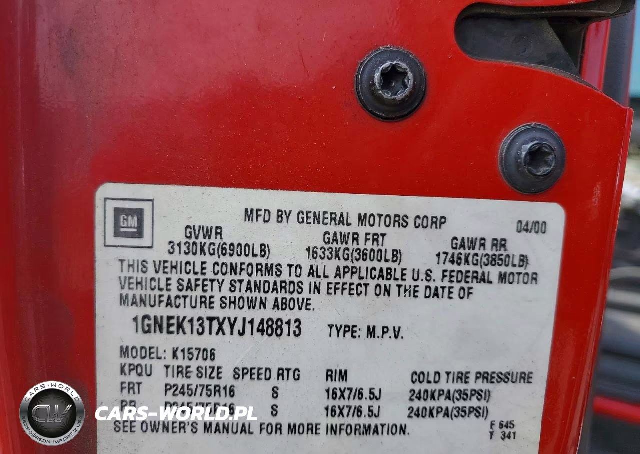 2000 Chevrolet Tahoe K1500 VIN:1GNEK13TXYJ148813 - 13