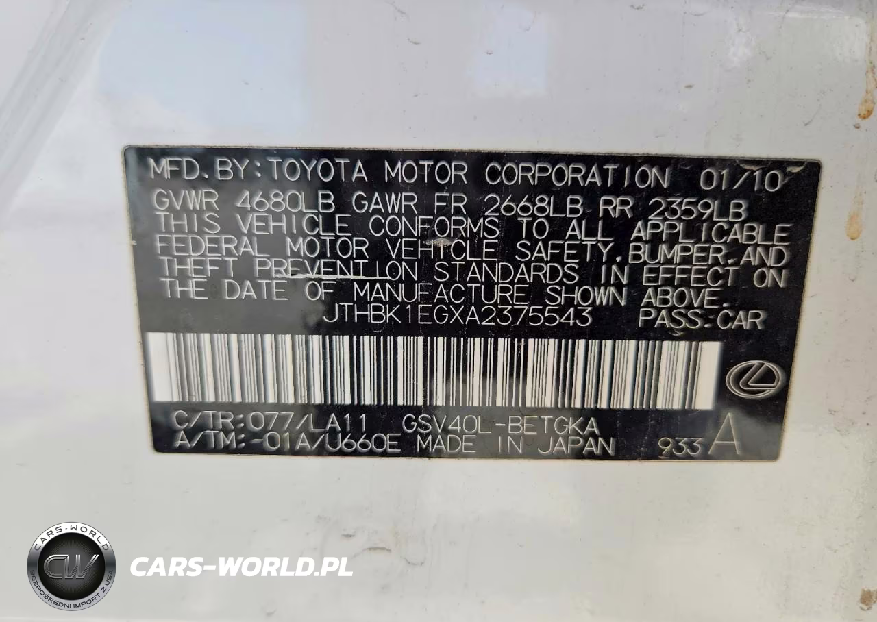 2010 Lexus Es 350 VIN:JTHBK1EGXA2375543 - 12