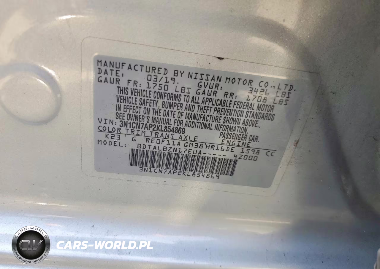 2019 Nissan Versa Sv VIN:3N1CN7AP2KL854869 - 12