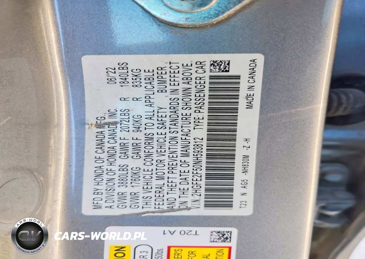 2022 Honda Civic Sport VIN:2HGFE2F50NH593812 - 12