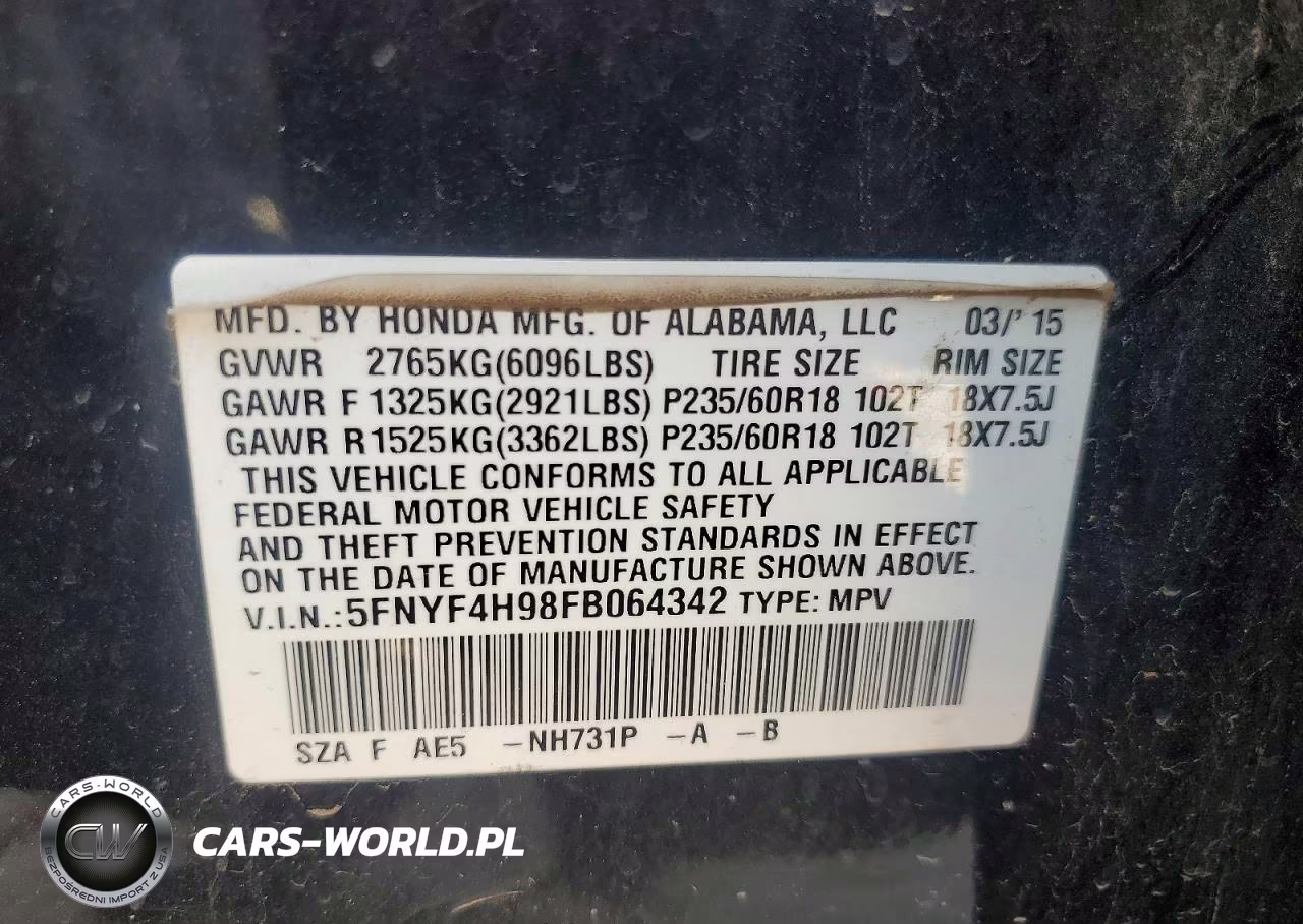 2015 Honda Pilot Touring VIN:5FNYF4H98FB064342 - 13