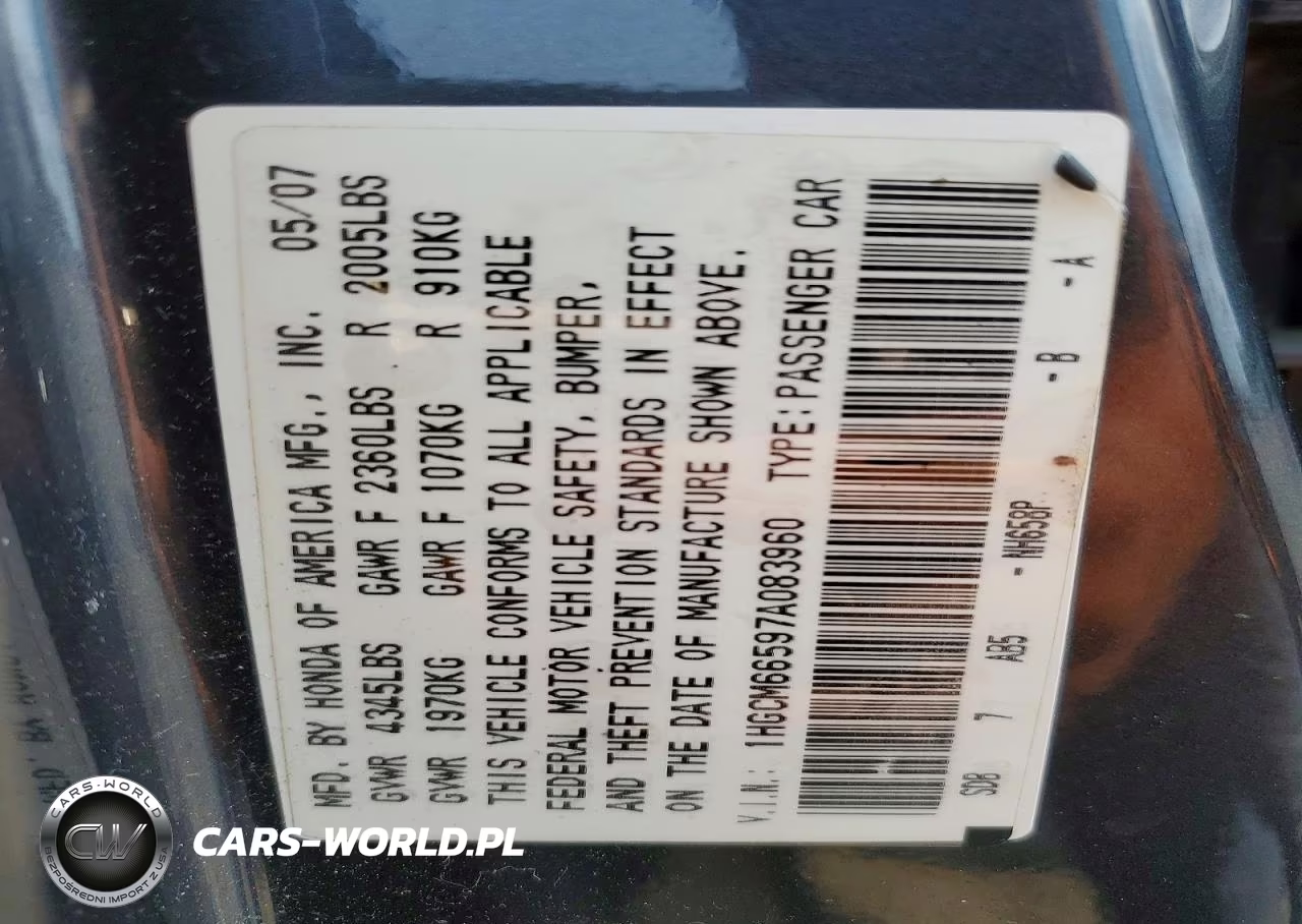 2007 Honda Accord Ex VIN:1HGCM66597A083960 - 12