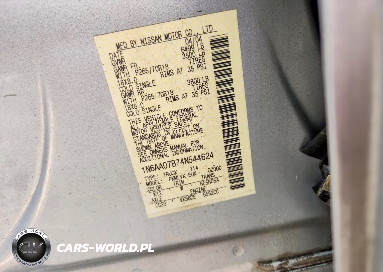 2004 Nissan Titan Xe VIN:1N6AA07B74N544624 - 13