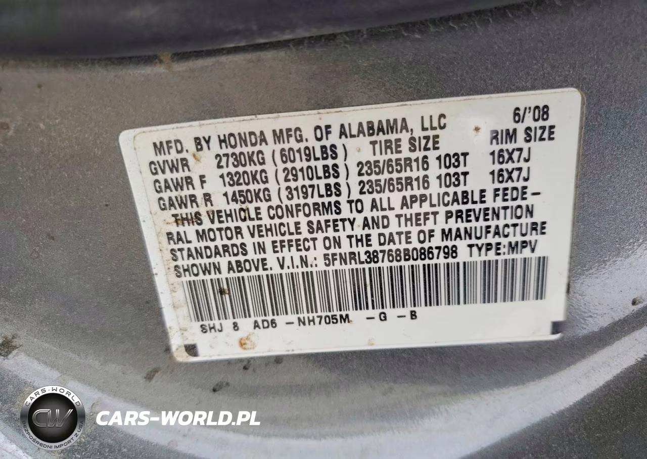 2008 Honda Odyssey Exl VIN:5FNRL38768B086798 - 13