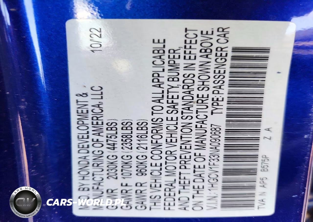 2022 Honda Accord Sport VIN:1HGCV1F33NA090687 - 12