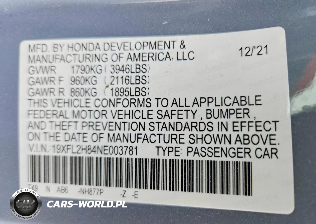 2022 Honda Civic Sport VIN:19XFL2H84NE003781 - 12