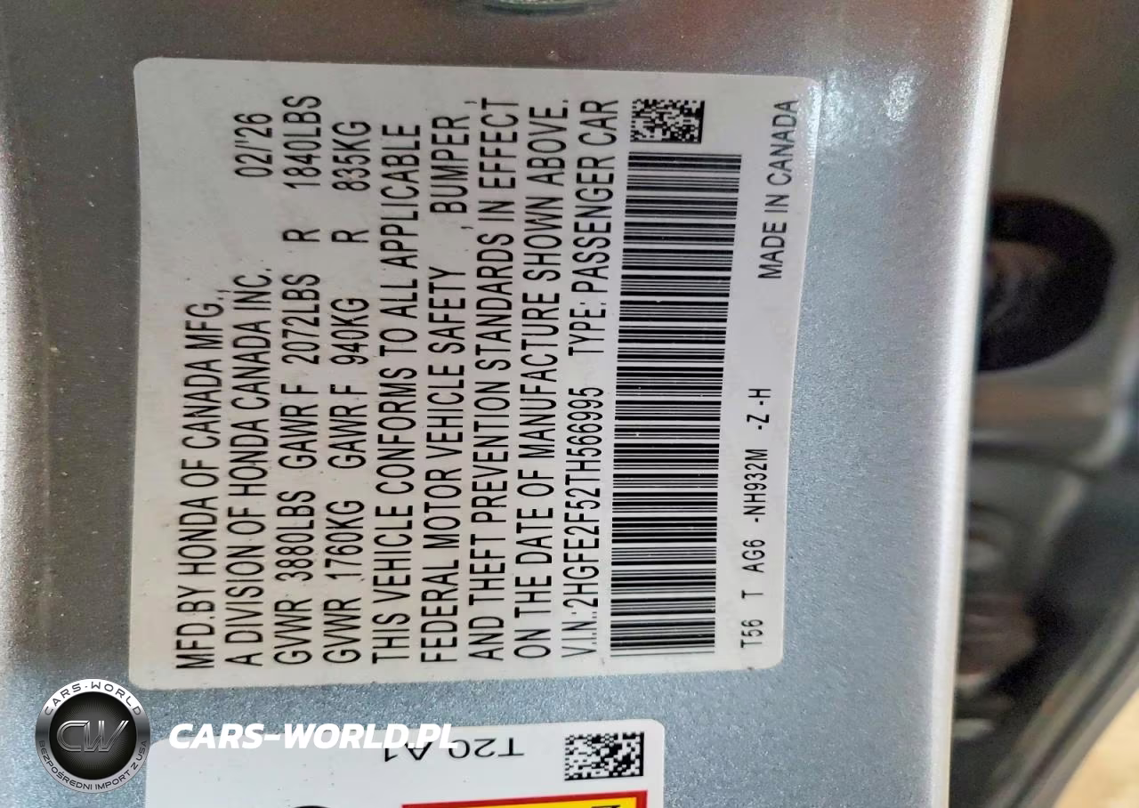 2026 Honda Civic Sport VIN:2HGFE2F52TH566995 - 12