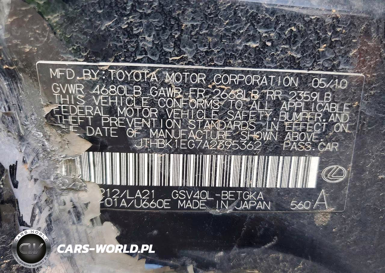 2010 Lexus Es 350 VIN:JTHBK1EG7A2395362 - 12
