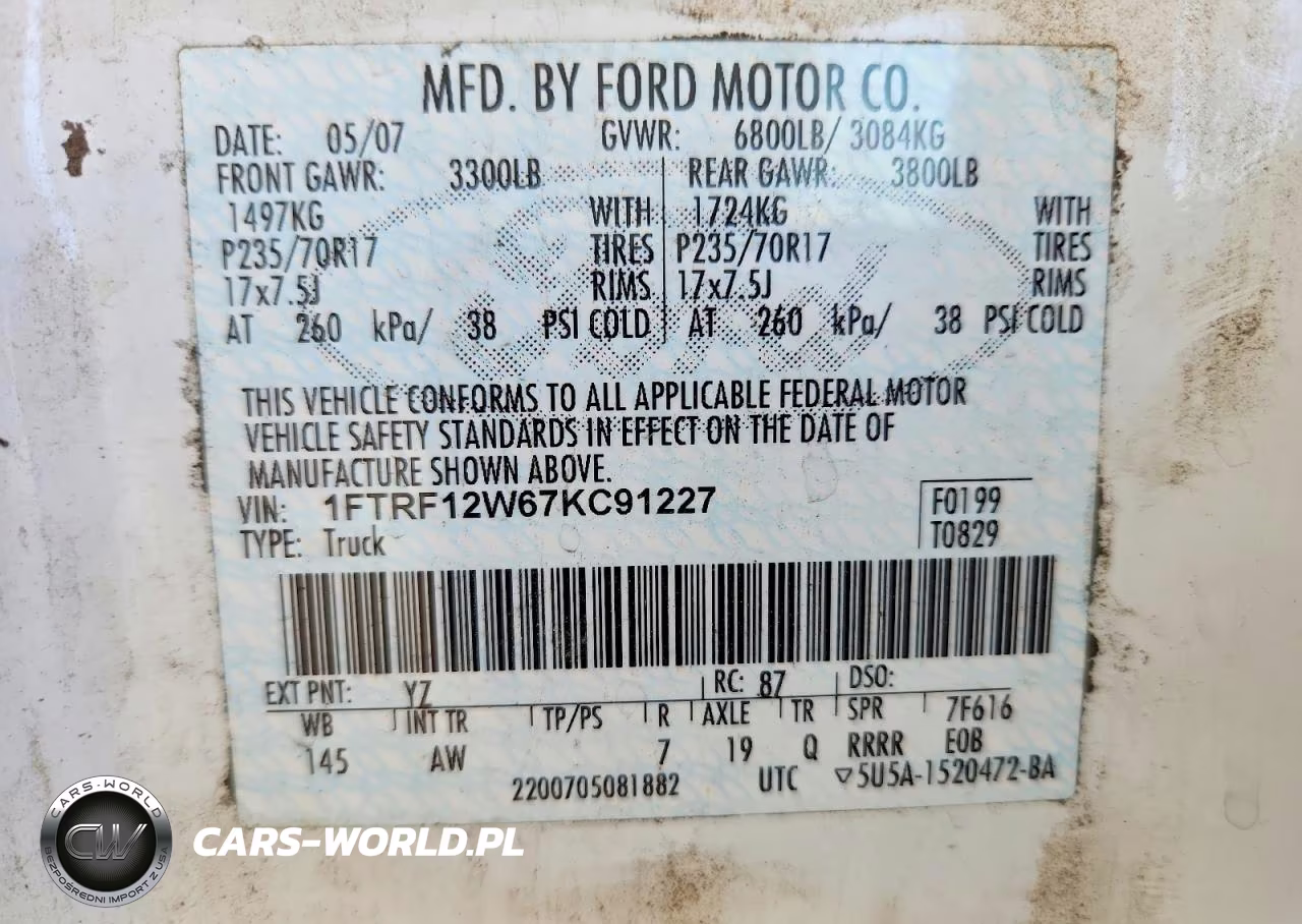 2007 Ford F150 VIN:1FTRF12W67KC91227 - 12