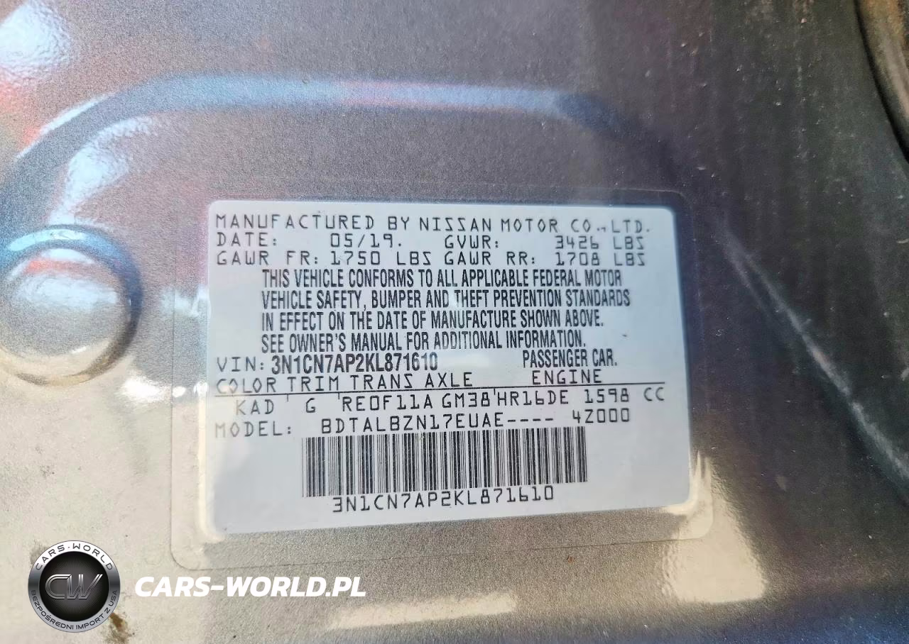2019 Nissan Versa Sv VIN:3N1CN7AP2KL871610 - 12