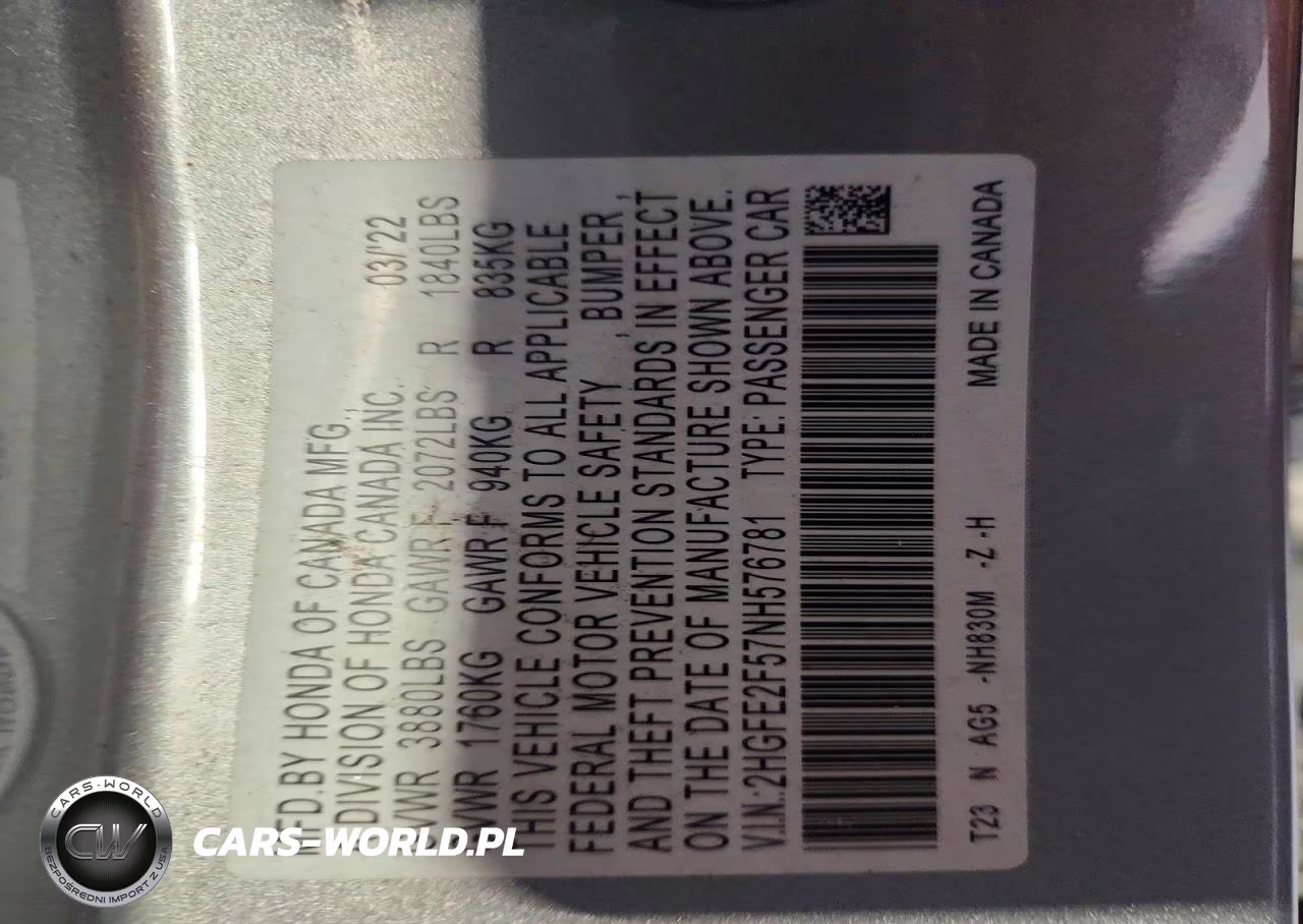 2022 Honda Civic Sport VIN:2HGFE2F57NH576781 - 13