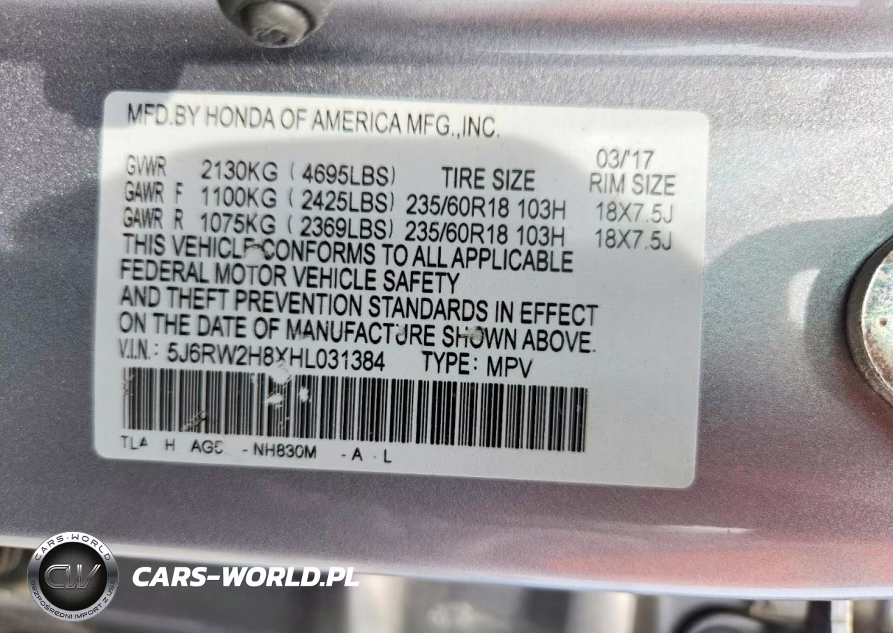 2017 Honda Cr-V Exl VIN:5J6RW2H8XHL031384 - 13