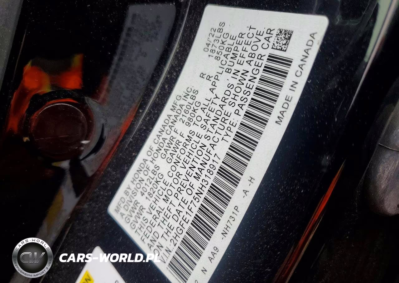 2022 Honda Civic Ex VIN:2HGFE1F75NH318917 - 12