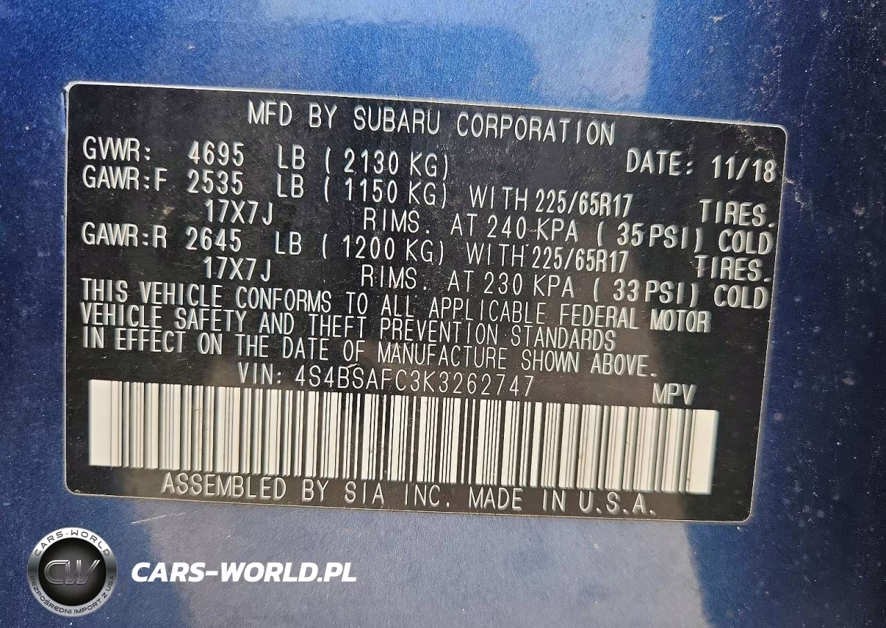 2019 Subaru Outback 2.5I Premium VIN:4S4BSAFC3K3262747 - 13