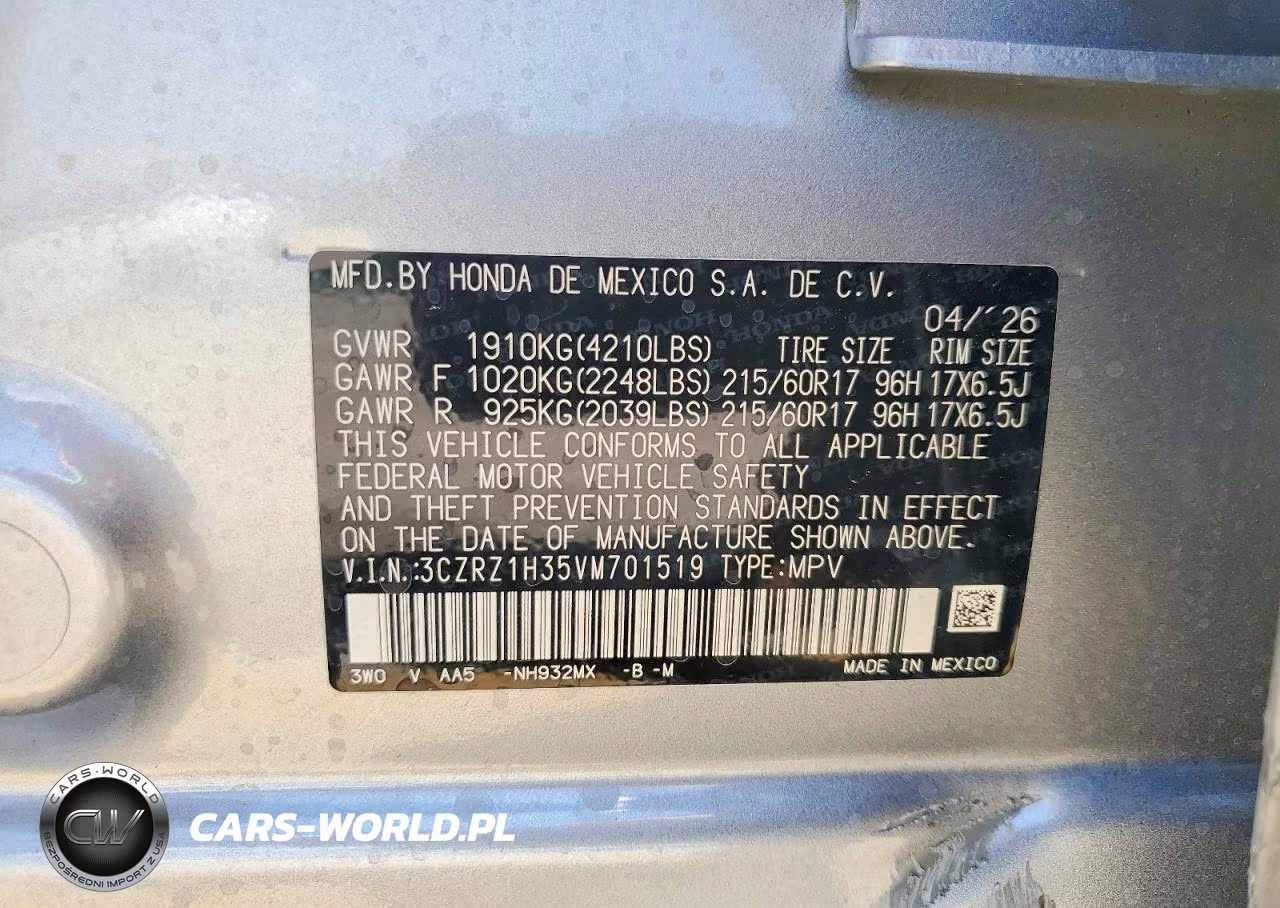 2027 Honda Hr-V Lx VIN:3CZRZ1H35VM701519 - 12