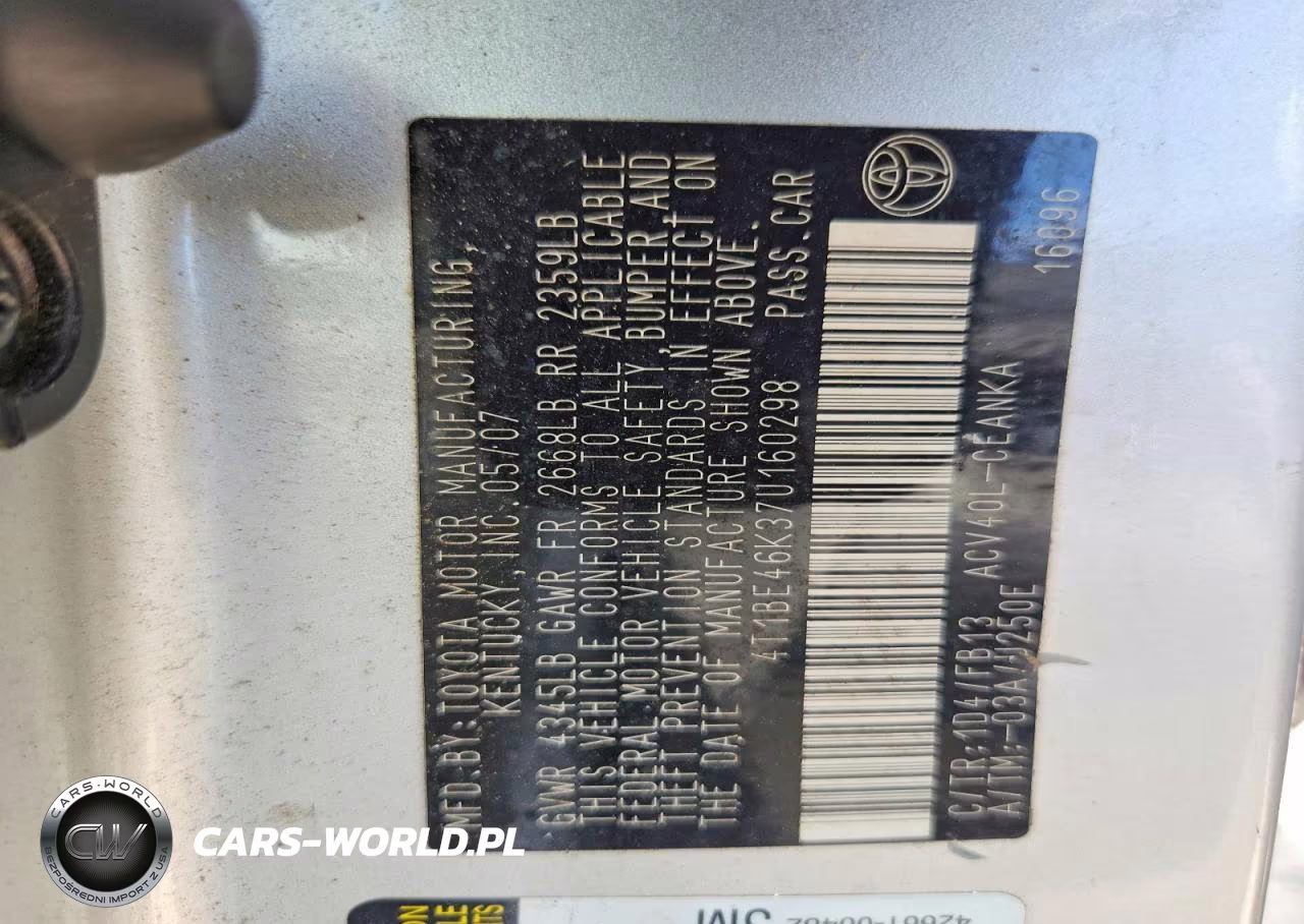 2007 Toyota Camry Le VIN:4T1BE46K37U160298 - 12