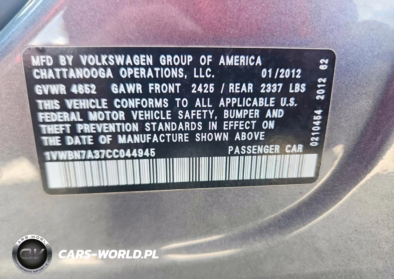 2012 Volkswagen Passat Se VIN:1VWBN7A37CC044945 - 13