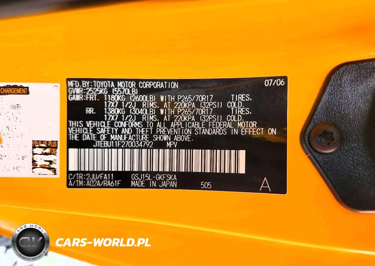 2007 Toyota Fj Cruiser Base VIN:JTEBU11F270034792 - 13