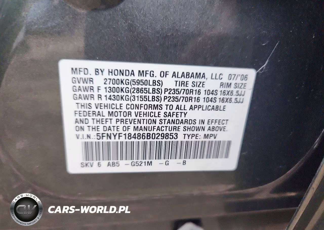 2006 Honda Pilot Ex VIN:5FNYF18486B029853 - 12