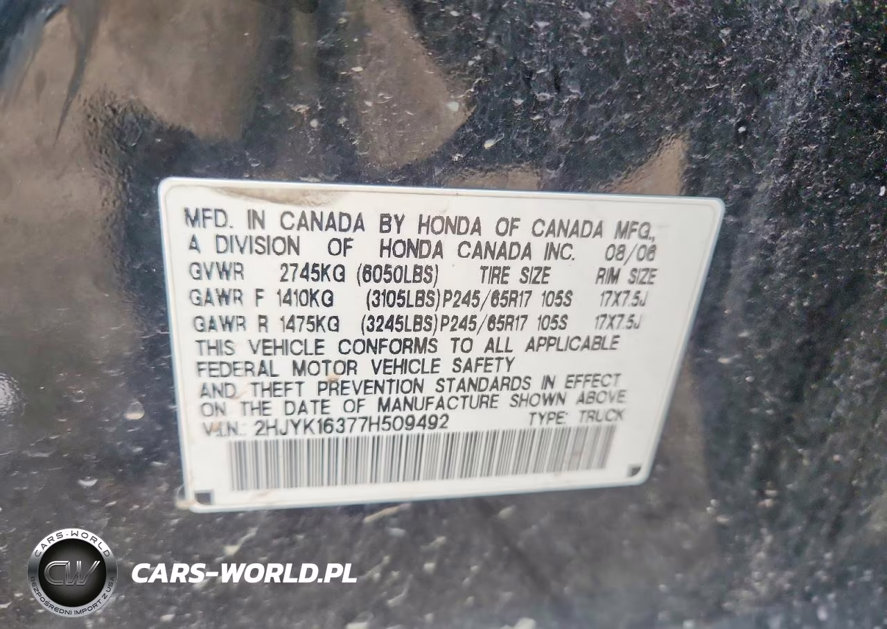 2007 Honda Ridgeline Rtx VIN:2HJYK16377H509492 - 12