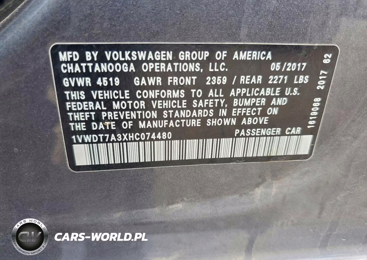 2017 Volkswagen Passat R-Line VIN:1VWDT7A3XHC074480 - 12