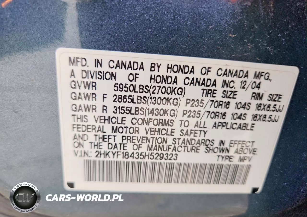 2005 Honda Pilot Ex VIN:2HKYF18435H529323 - 13