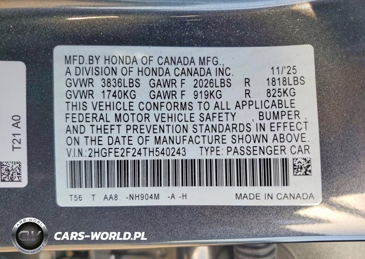 2026 Honda Civic Lx VIN:2HGFE2F24TH540243 - 12