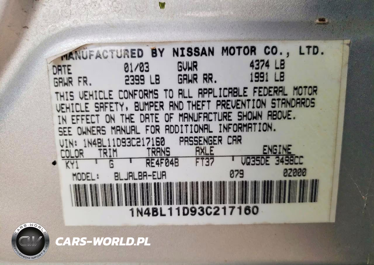 2003 Nissan Altima 3.5 Se VIN:1N4BL11D93C217160 - 12