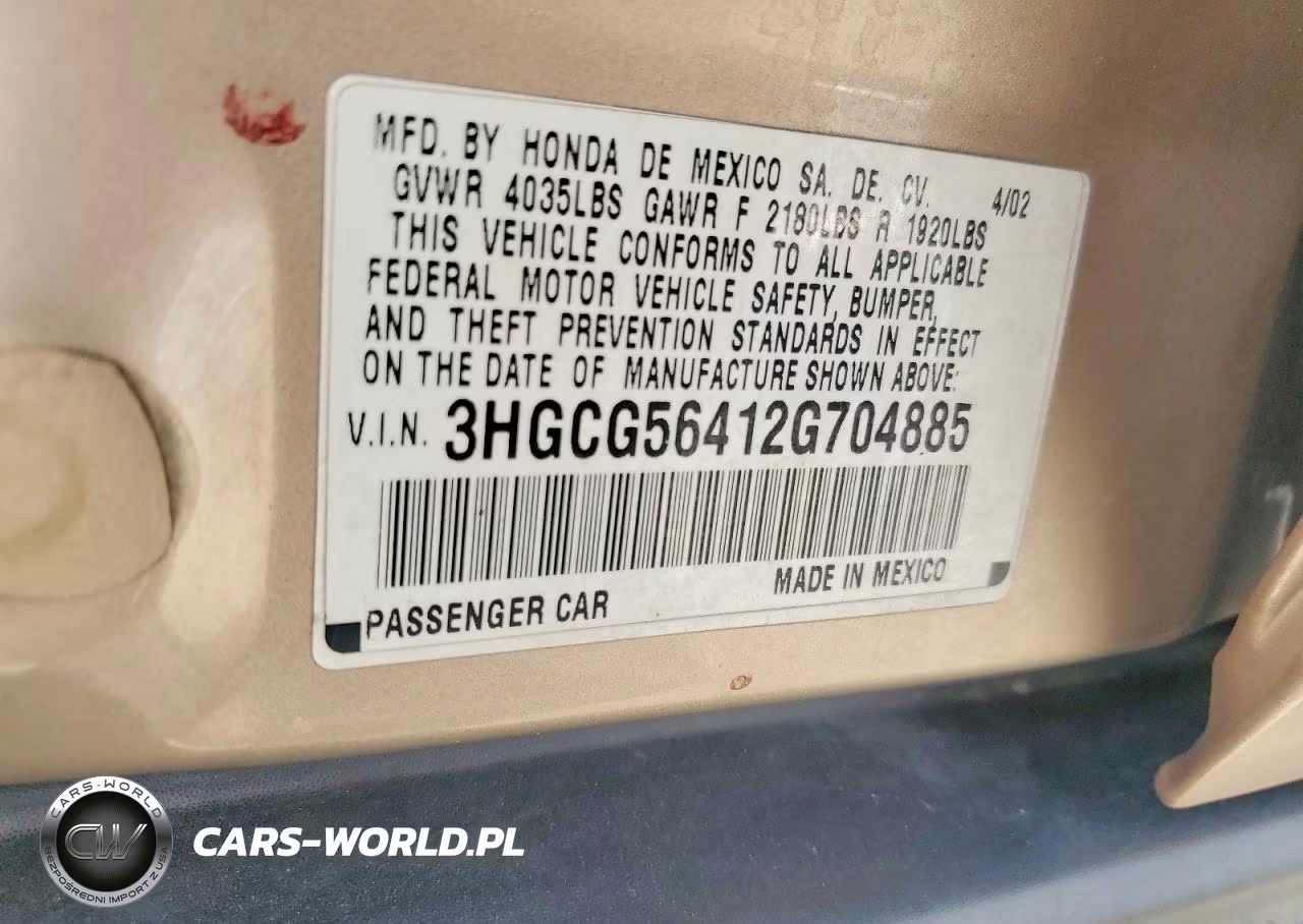 2002 Honda Accord Lx VIN:3HGCG56412G704885 - 12